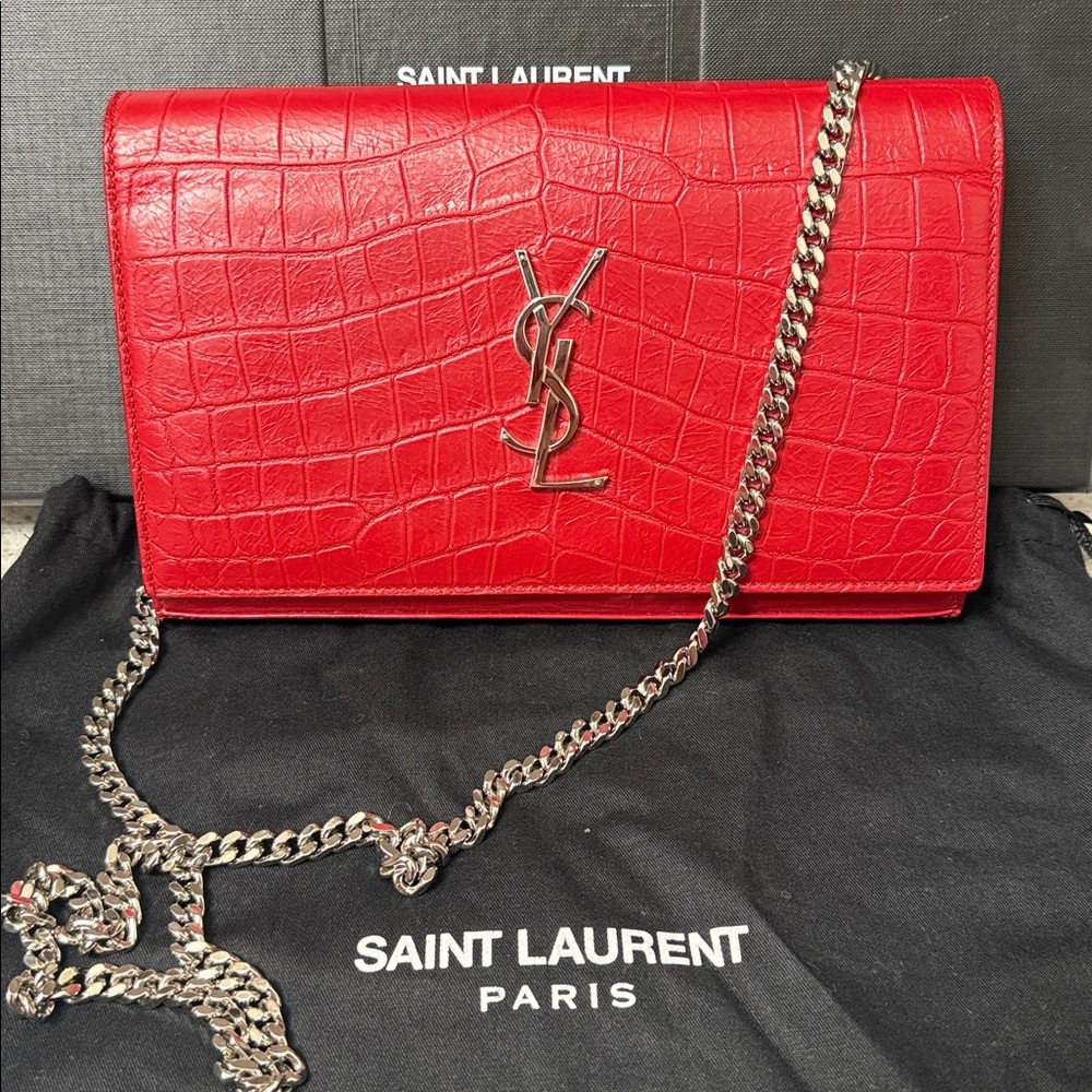 Saint Laurent Red Croc-Embossed Leather Clutch